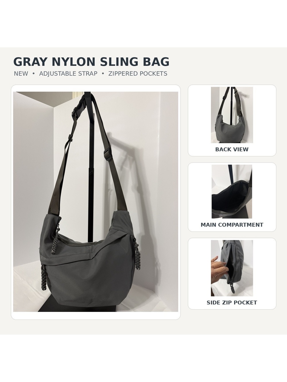 Gray Nylon Sling Shoulder Bag with Adjustable Strap
